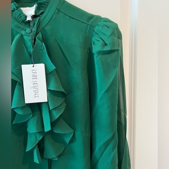 NWT Divine Heritage Silk Ruffle Front Blouse  Emerald Sheer Puff Sleeve - Picture 11 of 16